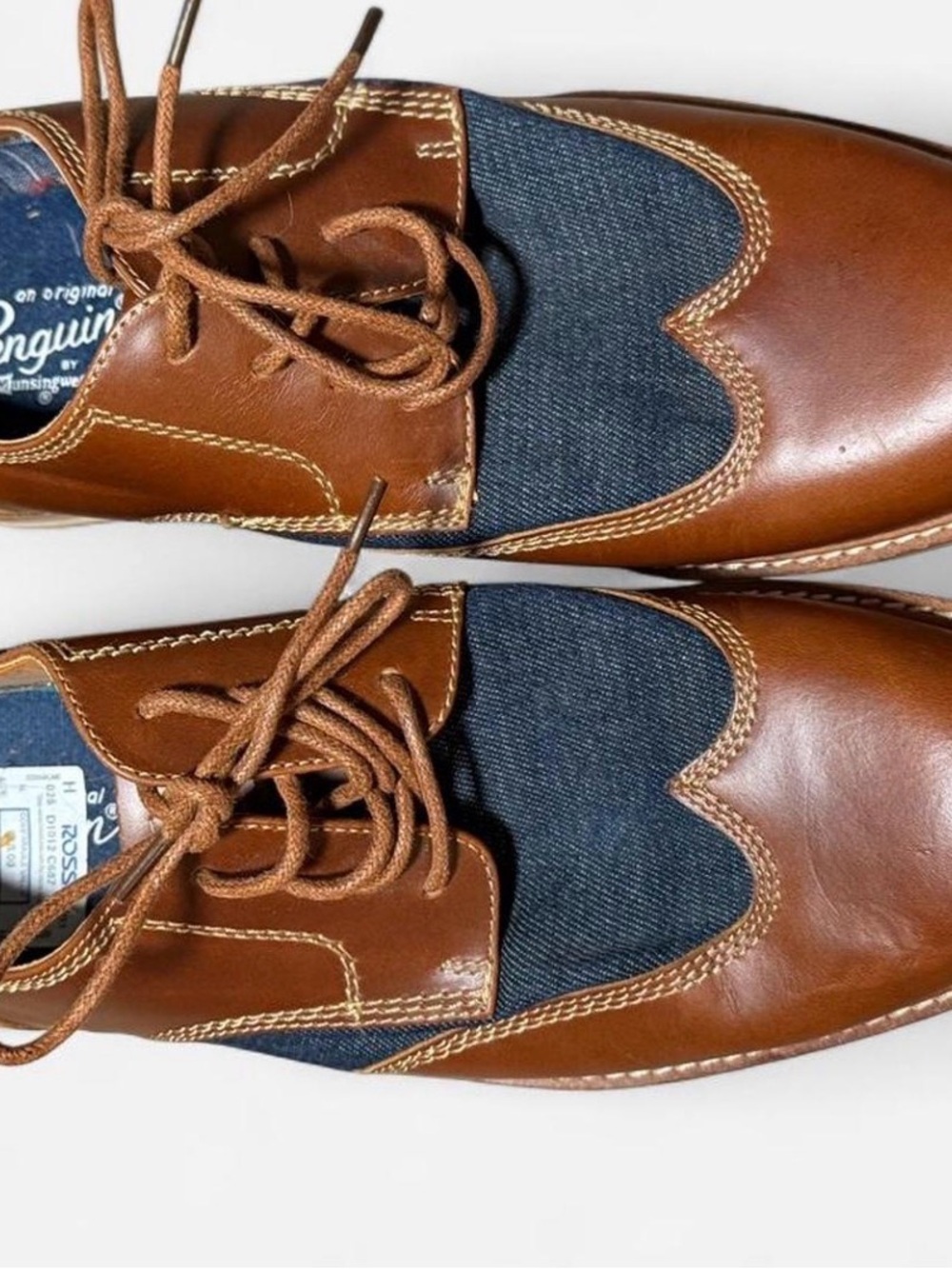 Original Penguin Men’s Brown Leather and Blue Canvas Wingtip Derbys